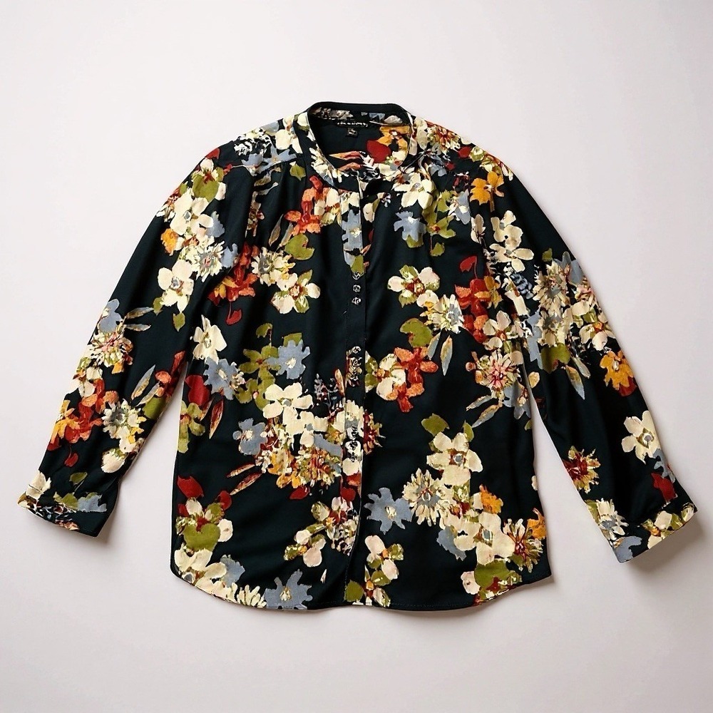 Zac & Rachel Shirt Top M Navy Blue White Green Floral Open Neck Button Dn 3/4 Sl